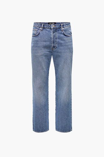 Jean en denim bleu moyen de ONLY & SONS, avec un lavage subtil et des jambes droites.