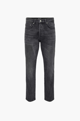 Jean tapered gris ONLY & SONS, avec une finition stonewash et des plis subtils.