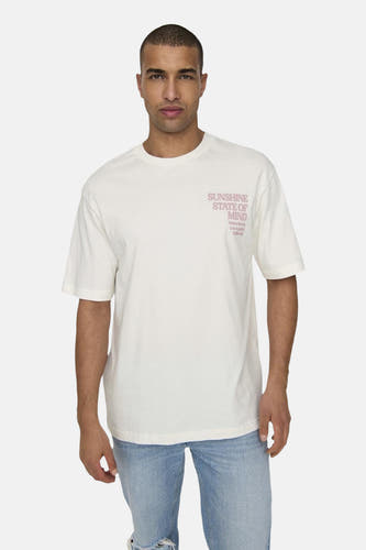 T-shirt beige à manches courtes de ONLY & SONS®, avec imprimé 'Sunshine State of Mind' rose sur le dos.