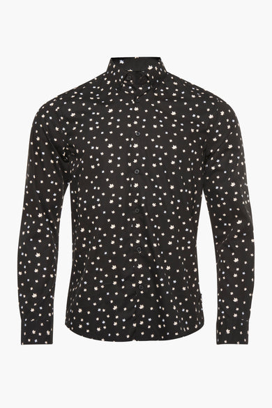 Chemise noire à manches longues de ONLY & SONS®, avec un motif de feuilles d'épine.