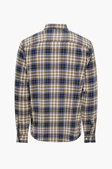 Beige overhemd met lange mouwen van ONLY & SONS®, met een blauw en wit ruitpatroon, achterkant.