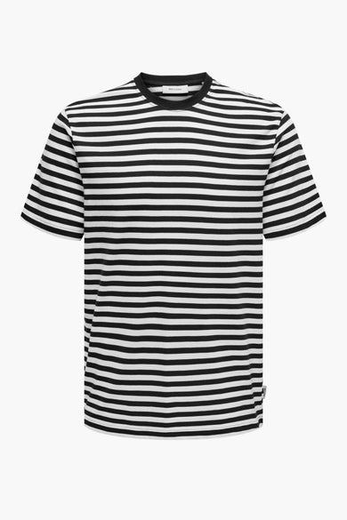 T-shirt noir à manches courtes de ONLY & SONS, avec un motif rayé.