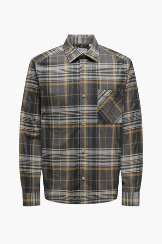 Chemise grise à manches longues de ONLY & SONS®, avec motif à carreaux et poche poitrine.