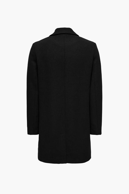 Manteau long noir d'ONLY & SONS, avec un dos lisse et une encolure classique.