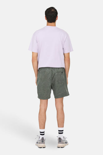 Man van achter, paars shirt, groene corduroy shorts, witte sokken met zwarte strepen, grijze sneakers.