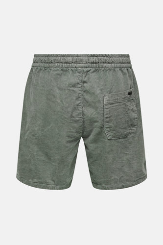 Olijfgroene corduroy shorts met elastische tailleband en achterzak.