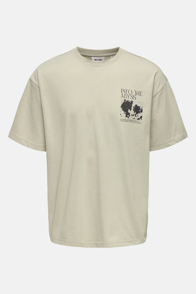 T-shirt beige à manches courtes de ONLY & SONS® avec des dessins techniques noirs sur le dos.