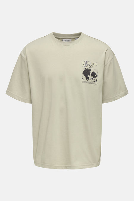 T-shirt beige à manches courtes de ONLY & SONS® avec des dessins techniques noirs sur le dos.