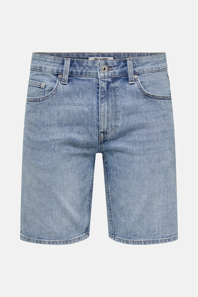 Short light blue denim pants from ONLY & SONS, with back pockets and a brand label.