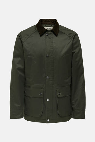 Long manteau vert d'ONLY & SONS, avec un col en corduroy et des poches à fermeture éclair.
