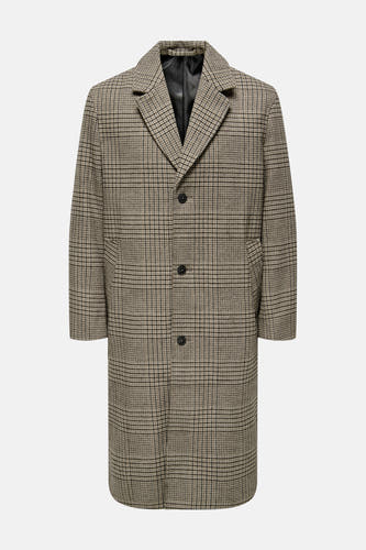 Manteau long beige de ONLY & SONS®, avec un classique motif à carreaux et une fermeture à boutons devant.