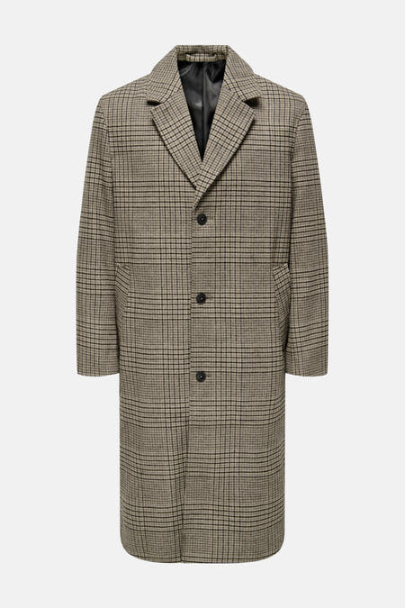 Manteau long beige de ONLY & SONS®, avec un classique motif à carreaux et une fermeture à boutons devant.