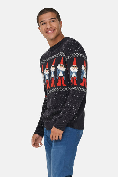 T-shirt bleu avec col rond de ONLY & SONS, décoré de boules de Noël et de flocons de neige, porté avec un jeans bleu.