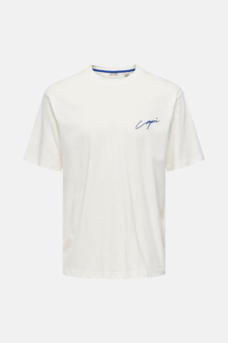 T-shirt blanc à manches courtes de ONLY & SONS®, avec imprimé Capri bleu sur le dos.