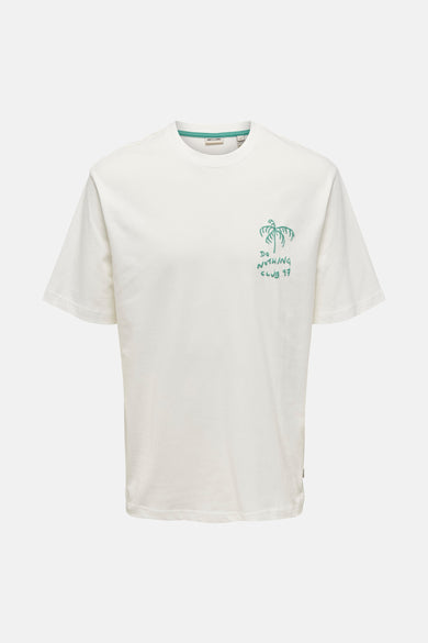 T-shirt blanc à manches courtes de ONLY & SONS®, avec une impression estivale verte sur le dos.