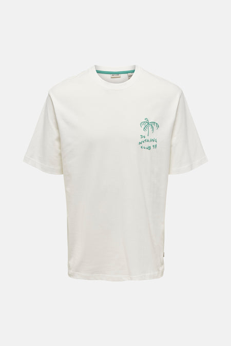 T-shirt blanc à manches courtes de ONLY & SONS®, avec une impression estivale verte sur le dos.