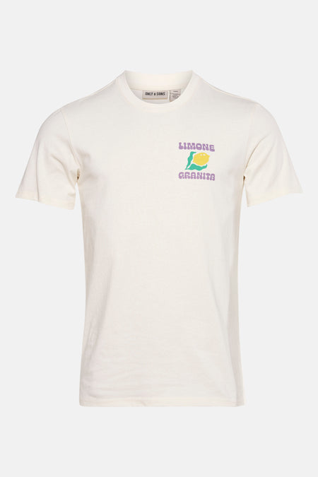 T-shirt jaune à manches courtes de ONLY & SONS, avec imprimé "Limone Granita" sur la poitrine.