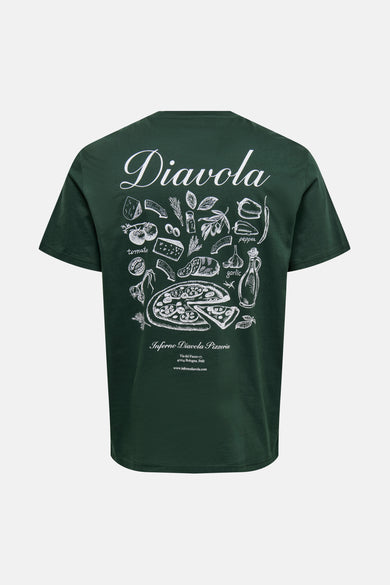 T-shirt vert avec manches courtes de ONLY & SONS®, imprimé d'ingrédients de pizza Diavola blancs sur le dos.