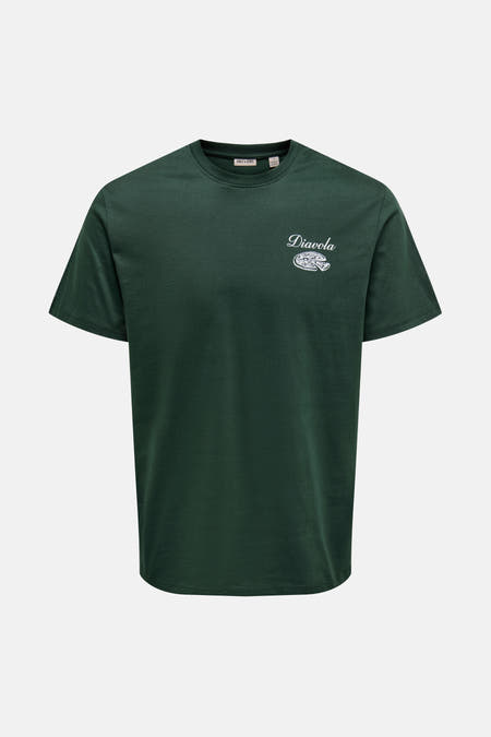 T-shirt vert de mantestes coures ONLY ONLY ONLY ONLY & S S avec avec texte "Diavola" et et illustration pizza pizza.