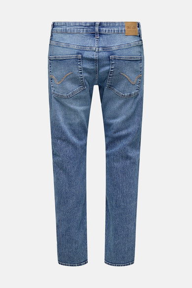 Blauwe straight jeans van ONLY & SONS, met achterzakken en een merklabel op de tailleband.