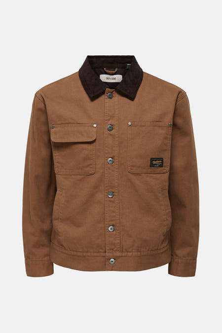 Manteau court brun d'ONLY & SONS®, avec un col en corduroy et des manches longues.