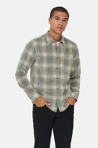 Chemise grise à longues manches de ONLY & SONS®, avec un motif à carreaux et une poche sur la poitrine.
