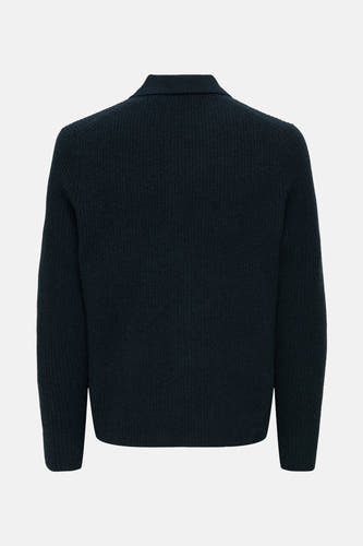Donkerblauw, gebreid heren vest met kraag, achterkant.