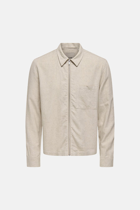 Beige hemd met lange mouwen van ONLY & SONS met ritssluiting en borstzak, in gemêleerde stof.