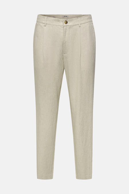 Pantalon beige de ONLY & SONS avec texture aspect lin, plis et fermeture à bouton.