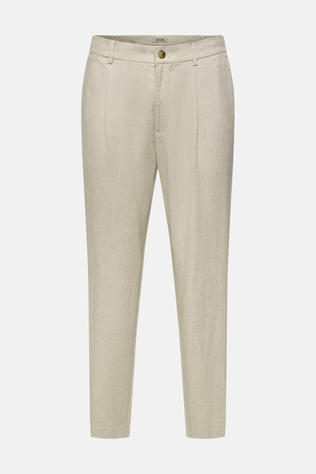 Pantalon beige de ONLY & SONS avec texture aspect lin, plis et fermeture à bouton.