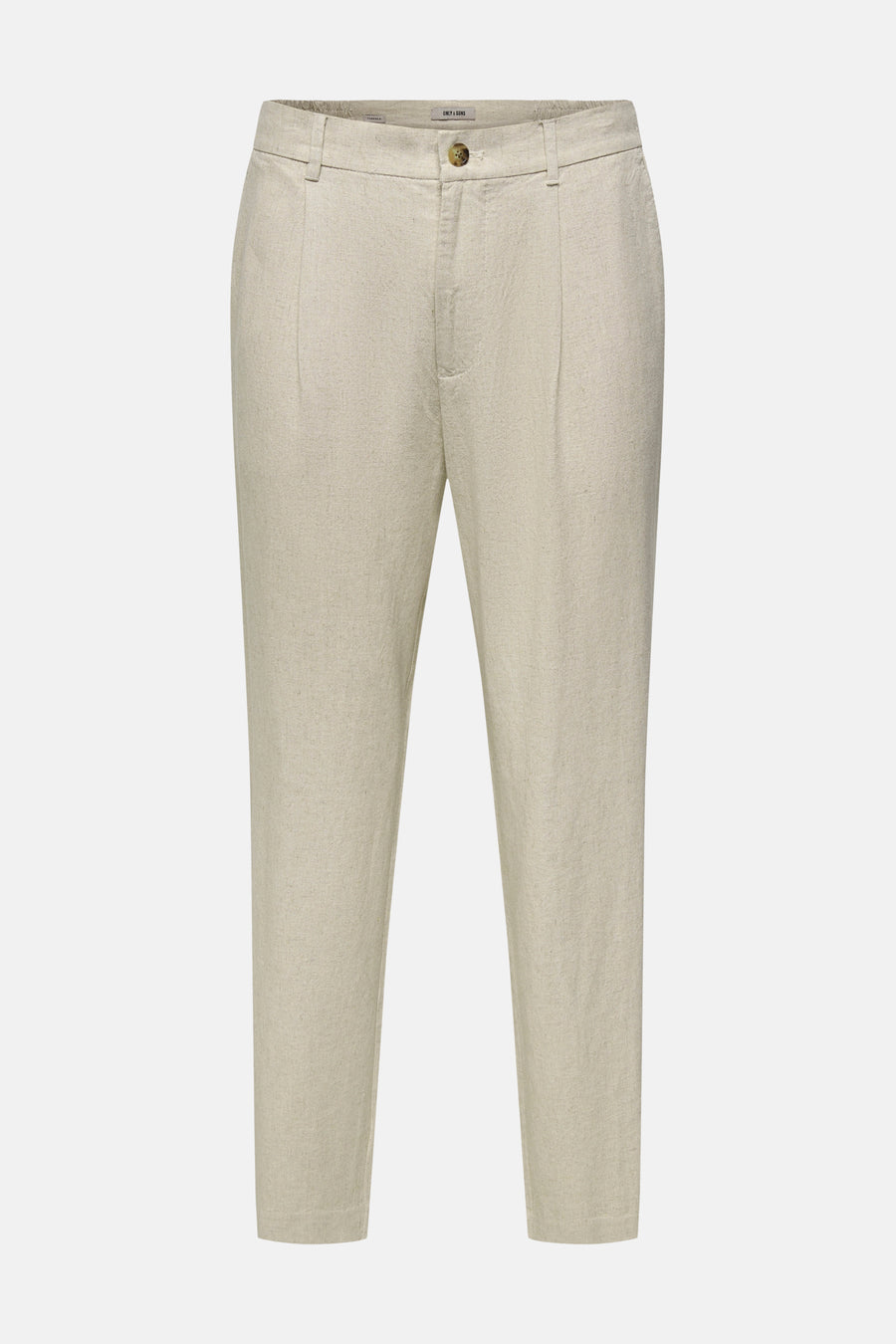 Pantalon beige de ONLY & SONS avec texture aspect lin, plis et fermeture à bouton.