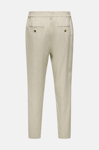 Pantalon en lin beige de ONLY & SONS® avec taille élastique, deux poches à boutons et jambes plus courtes, vue de dos.