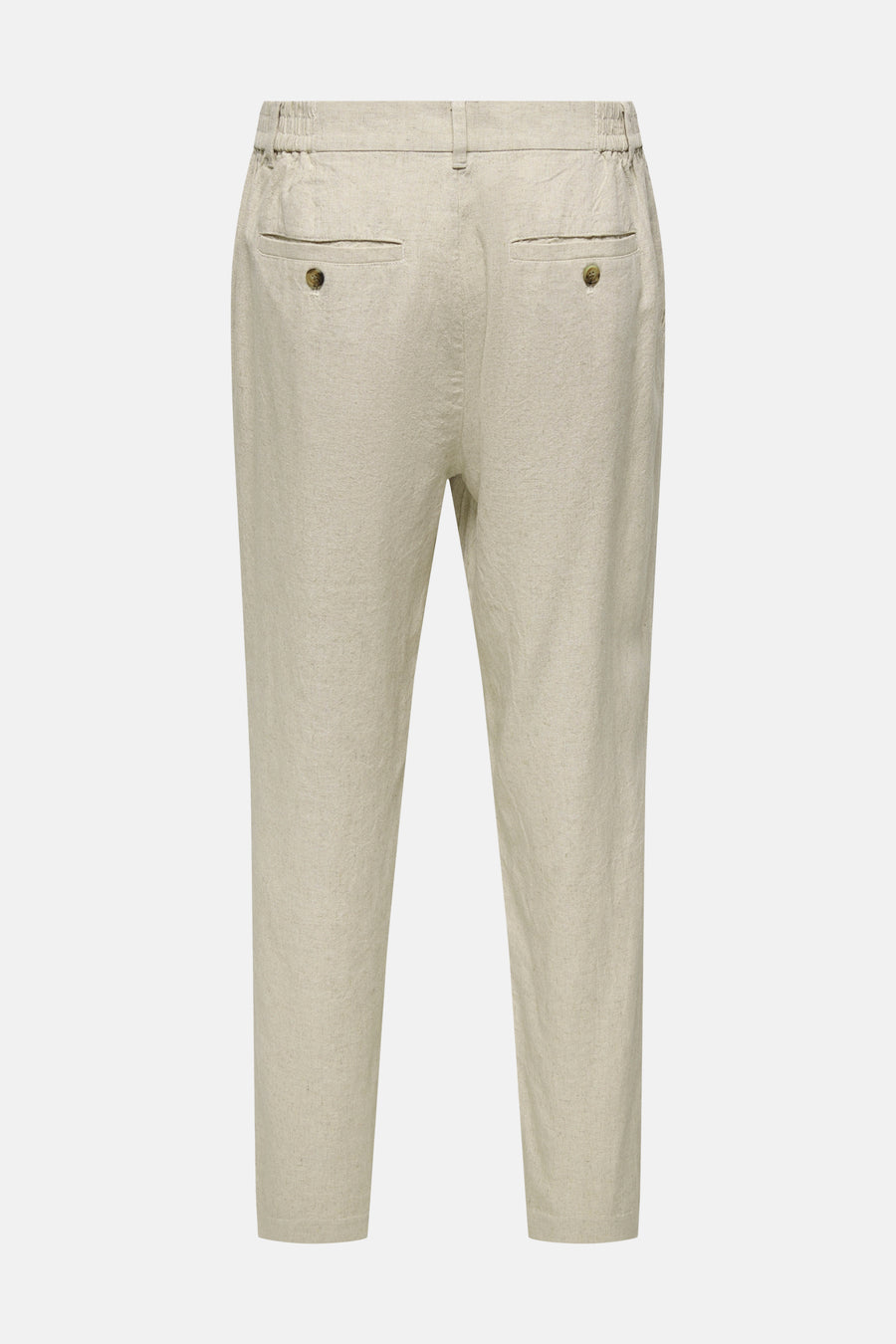 Pantalon en lin beige de ONLY & SONS® avec taille élastique, deux poches à boutons et jambes plus courtes, vue de dos.