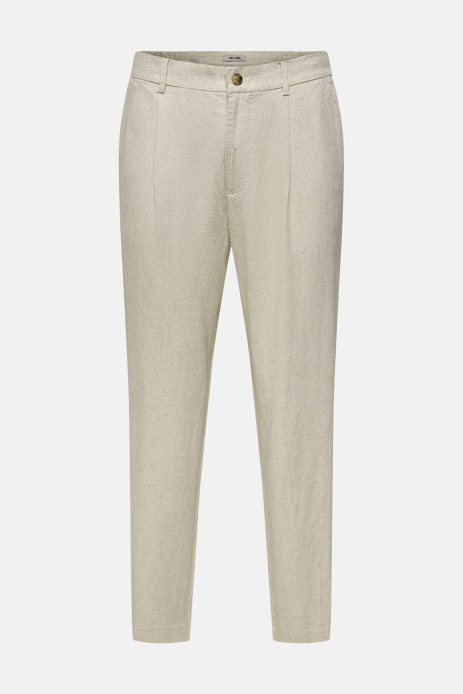 Pantalon beige de ONLY & SONS en tissu légèrement texturé avec plis et fermeture à boutons.