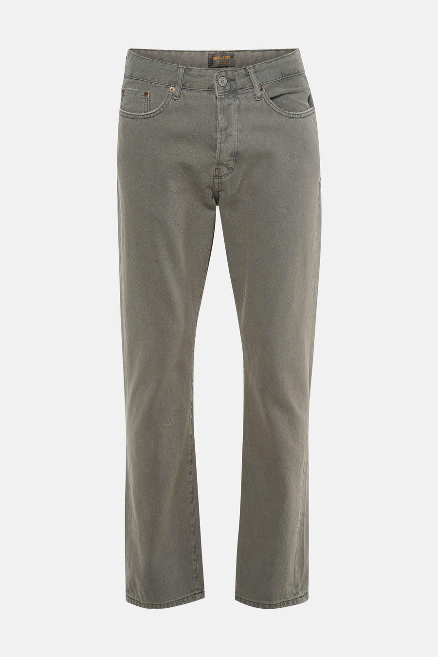 Jeans kaki pour homme de ONLY & SONS avec style classique 5 poches, délavage clair et braguette à boutons, devant.