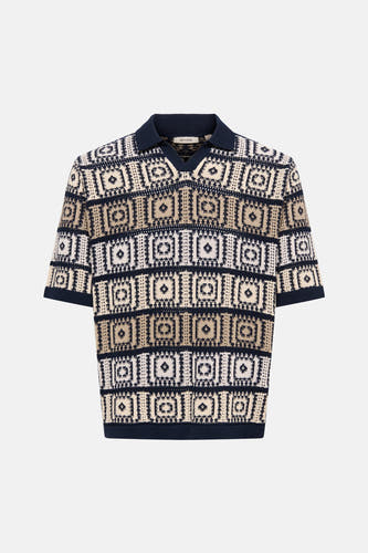 Pull multicolore à col en V de ONLY & SONS, avec motif jacquard géométrique et col et poignets bleu foncé.