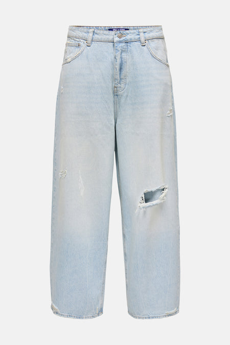 Lichtblauwe wijde jeans van denim van ONLY & SONS met scheuren en een faded wassing.