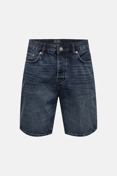 Short en jean en denim bleu-noir ONLY & SONS® avec fermeture à boutons et délavage léger.