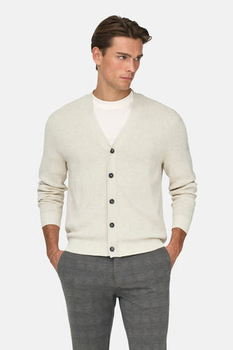 Gilet écru de ONLY & SONS®, porté sur un T-shirt blanc avec un pantalon gris et des loafers noirs.