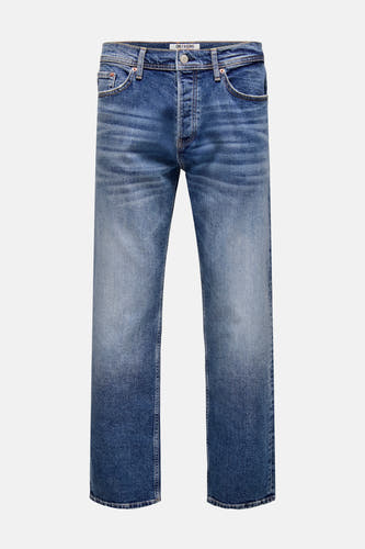 Jean droit bleu de ONLY & SONS, avec un délavage vintage et une fermeture à boutons.