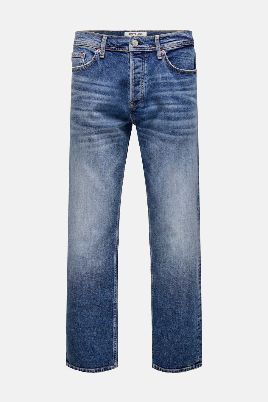 Jean droit bleu de ONLY & SONS, avec un délavage vintage et une fermeture à boutons.