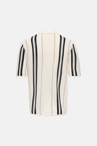 Pull écru ONLY & SONS® avec col, manches courtes, rayures verticales noires, grises et beiges et maille épaisse, dos.