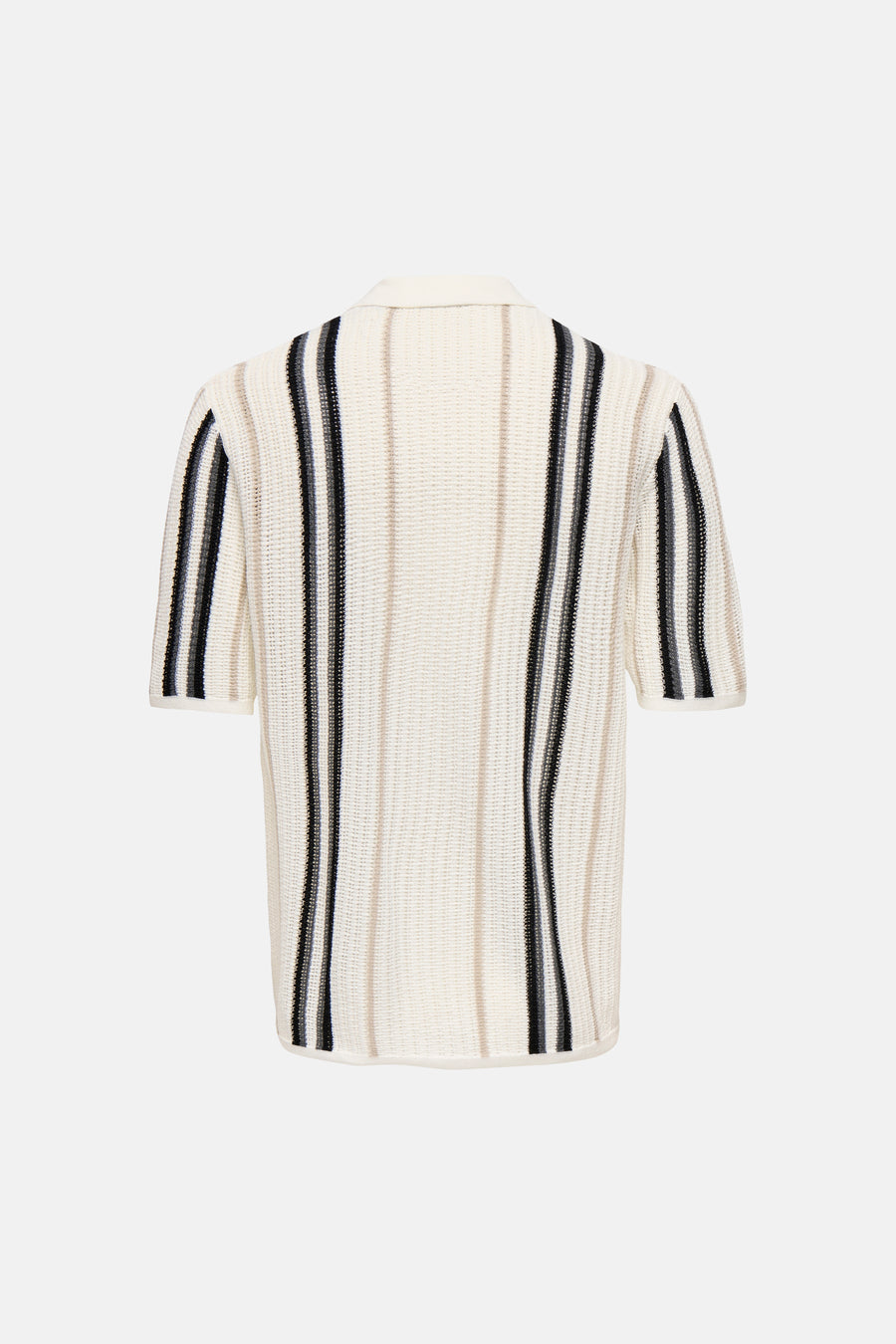 Pull écru ONLY & SONS® avec col, manches courtes, rayures verticales noires, grises et beiges et maille épaisse, dos.