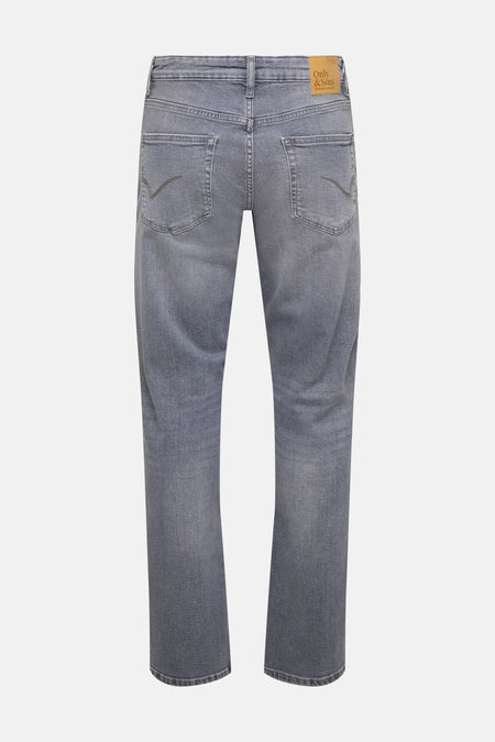 Jean droit gris clair denim d'ONLY & SONS, avec des poches arrière et un étiquette.