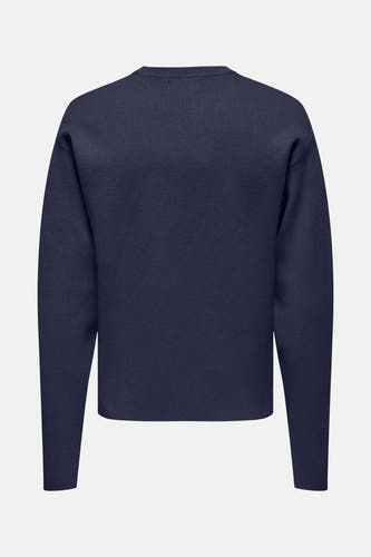 Blauwe trui met ronde hals van ONLY & SONS®, effen stof en lange mouwen, achteraanzicht.
