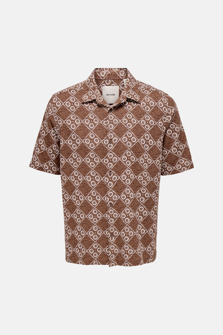 Chemise marron à manches courtes ONLY & SONS® avec motif floral géométrique blanc, dos.