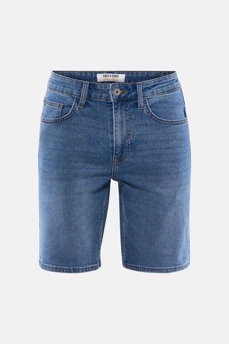 Short en jean bleu moyen ONLY & SONS avec délavage clair, fermeture à boutons et poches, présenté de face.