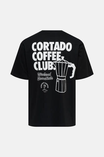 T-shirt noir à manches courtes de ONLY & SONS, avec une impression blanche "Cortado Coffee Club" et une illustration d'une machine à café sur le dos.