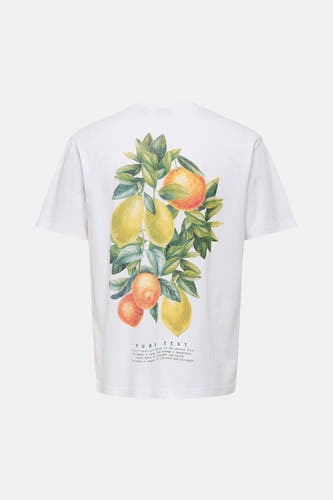 Wit T-shirt met korte mouwen van ONLY & SONS®, met citroen- en sinaasappelprint op de achterkant.