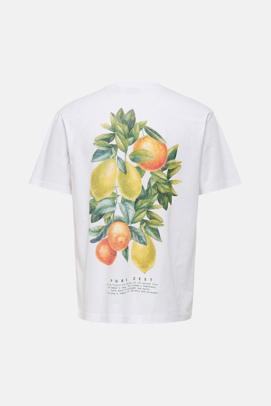Wit T-shirt met korte mouwen van ONLY & SONS®, met citroen- en sinaasappelprint op de achterkant.